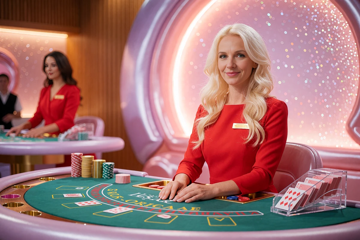 Krupierka przy zielonym stole do blackjacka w studiu kasyna live Iris Casino, w tle drugi st&oacute;ł z krupierem