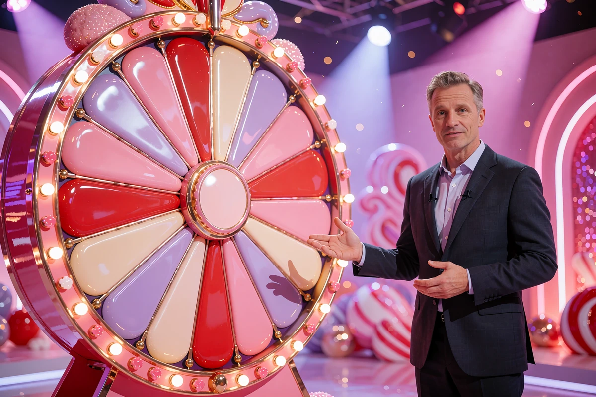 Prowadzący w ciemnym garniturze przy świetlnym kole fortuny w studiu game show kasyna live Iris Casino