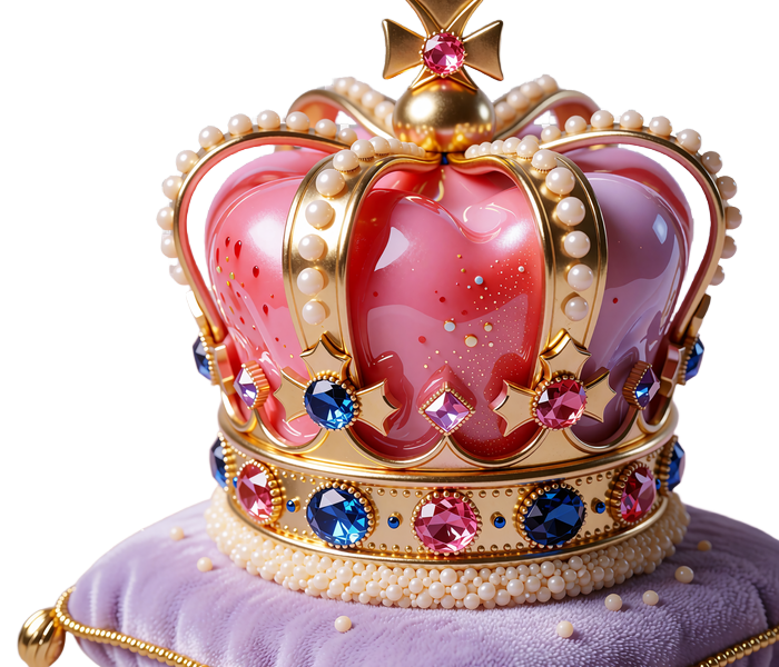 Złota korona z szafirami i r&oacute;żowymi kamieniami na liliowej poduszce - symbol poziomu Royal Rank w programie VIP