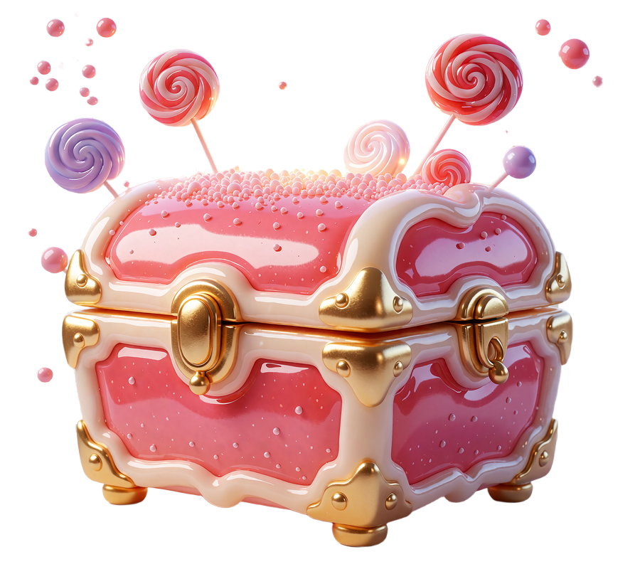 R&oacute;żowa skrzynia loot box z otwartym wiekiem, złotym blaskiem i cukierkami wylatującymi w g&oacute;rę